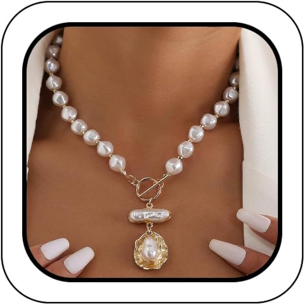 Beaded White Round Pearl Gold Shell Baroque Pearl Pendant Necklace for Women, Trendy Vintage OT B... | Amazon (US)