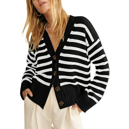 SHEWIN Womens Striped Cardigan Sweaters Button Down Long Sleeve V Neck Lightweight Open Front Knit Fall Cardigans | Walmart (US)
