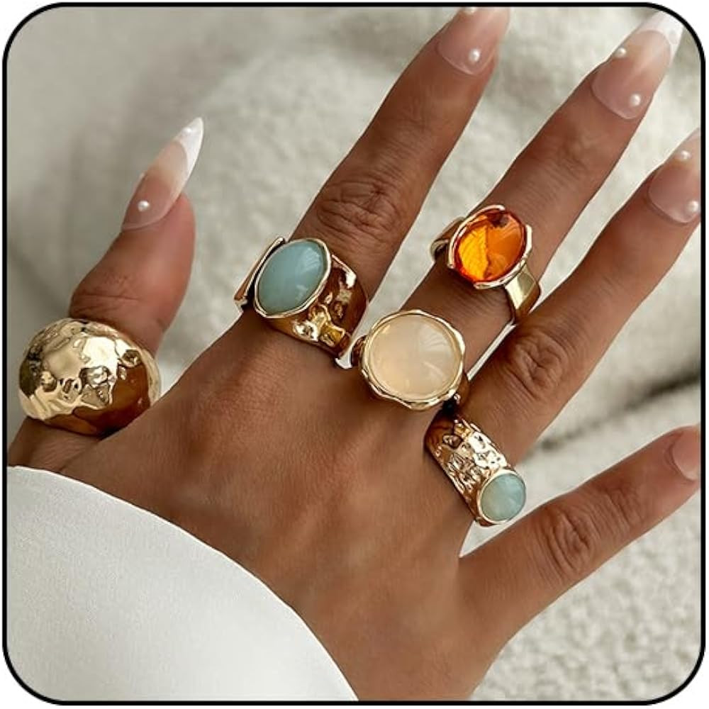 Gold Rings for Women Non Tarnish Chunky Gemstone Ring Adjustable Stackable Statement Ring Silver ... | Amazon (US)