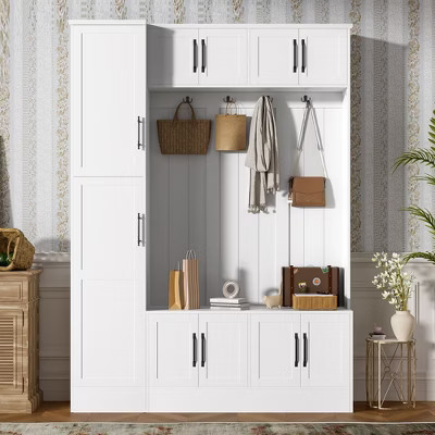 Okak 79IN Modern Hall Tree with 6 Cabinets and 4 Coat Hooks, Coat Rack with Shoe Storage Bench and Adjustable Shelf for Hallway, Living Room, White | Target