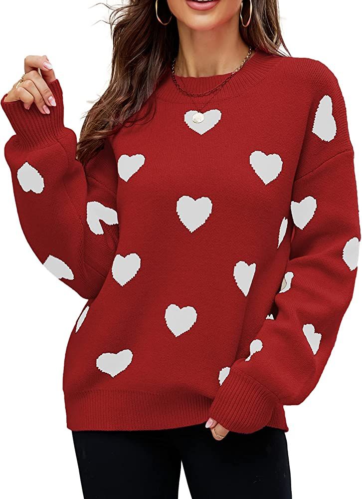 CORIRESHA Women's Cute Heart Print Sweater Crew Neck Long Sleeve Chunky Warm Casual Knit Pullover | Amazon (US)