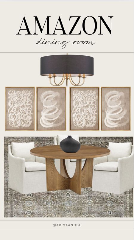 Amazon dining room! 

Artwork, wall art, light fixture, vase, rug, chair, dining table 