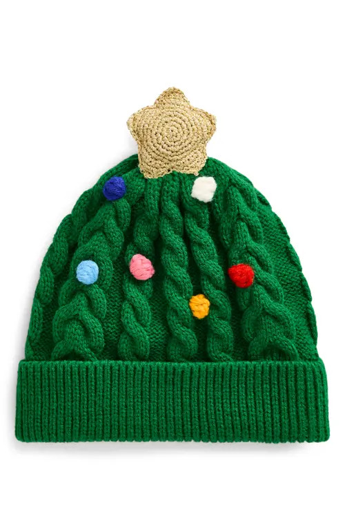 Mini Boden Kids' Festive Pompom Cable Knit Beanie in Christmas Tree at Nordstrom, Size 2-4 Y | Nordstrom
