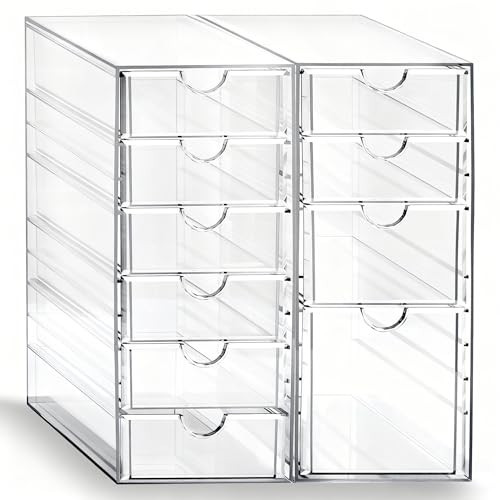 Prsildan Acrylic Drawer Makeup Organizer with 10 Drawers, Set of 2 Office Desk Organizers Accessories, Clear Stackable Storage Drawers for Vanity, Countertop, Craft, Jewelry, Art Supply Organization | Amazon (US)