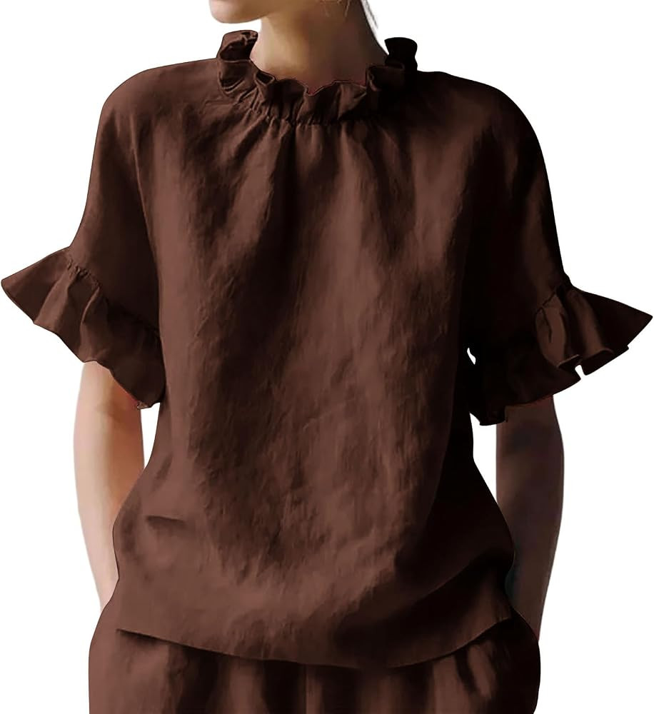 Cotton Shirts for Women Trendy Mock Neck Tops Summer Ruffle Loose Fit Shirt Lightweight Breathabl... | Amazon (US)