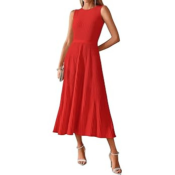 BTFBM Women Midi Bodycon Tank Dress Summer Crewneck Sleeveless Pleated A Line Business Casual Kni... | Amazon (US)