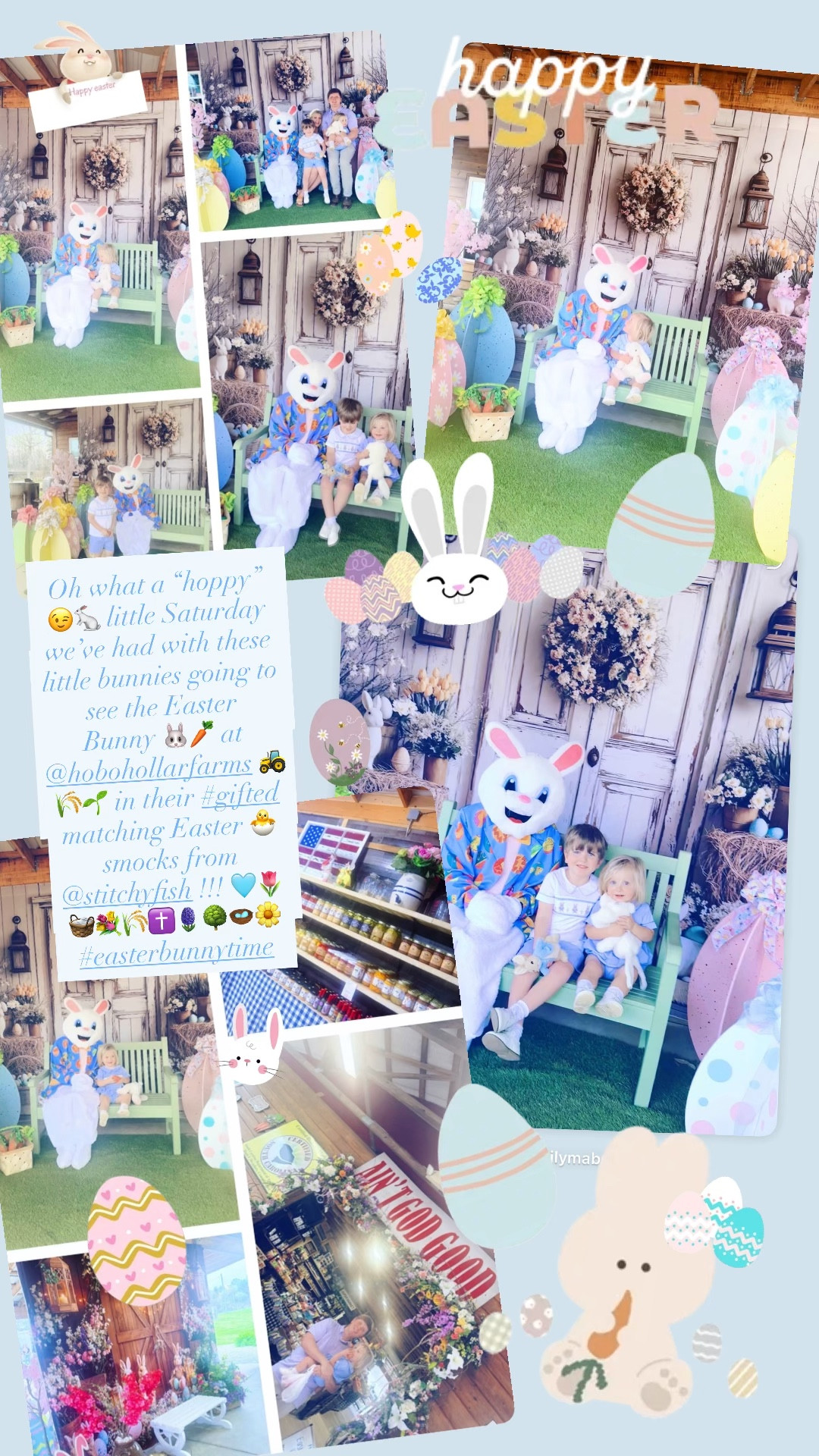 Oh what a “hoppy” 😉🐇 little Saturday we’ve had with these little bunnies going to see the Easter Bunny 🐰🥕 at @hobohollard 🚜🌾🌱 in their #gifted matching Easter 🐣 smocks from @stitchyfish !!! 🩵🌷🧺💐🌾✝️🪻🌳🪺🌼 #easterbunnytime 