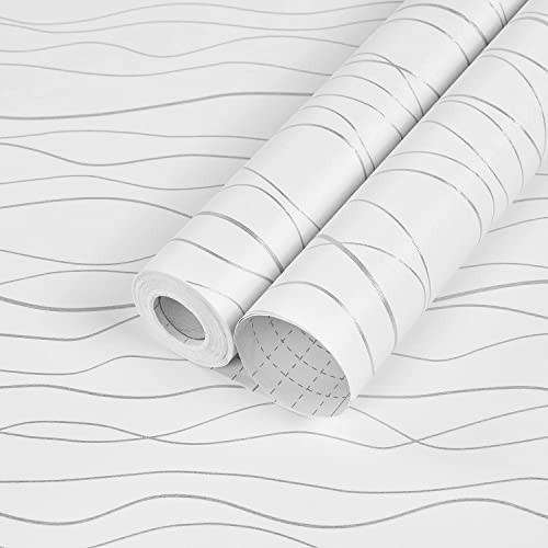 Marsports 236x17.7in Silver Modern Embossed Wave White Peel and Stick Wallpaper Removable Wave Wallp | Amazon (US)