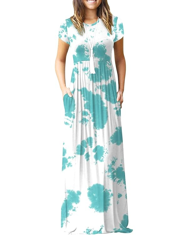 EUOVMY Women's Short Sleeve Loose Plain Maxi Dresses Casual Vacation Long Dresses with Pockets | Amazon (US)