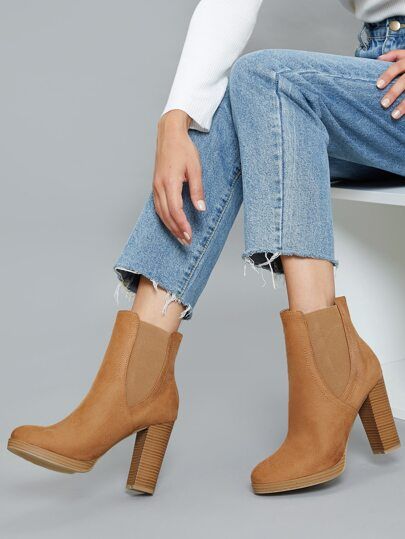 Almond Toe Stretch Sides Stacked Heel Ankle Boots | SHEIN