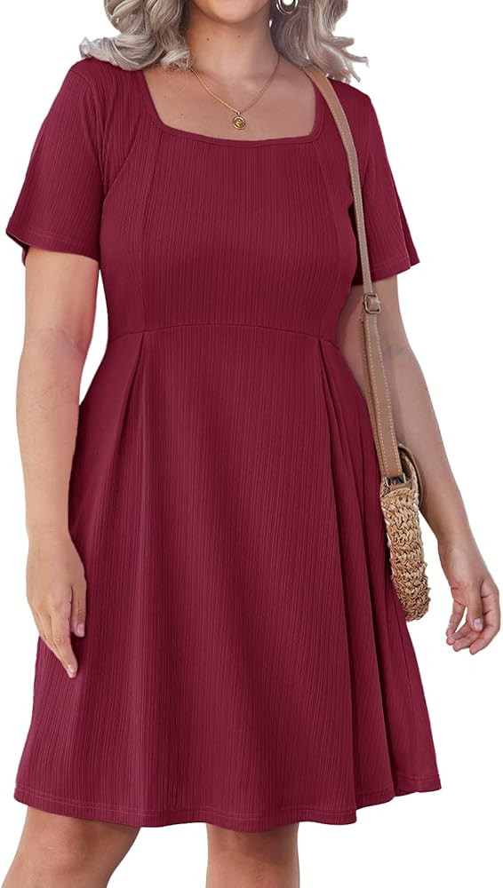 Women's Plus Size Short Sleeve Dress Square Neck Casual Flowy Swing Summer Knee Length Dress with... | Amazon (US)