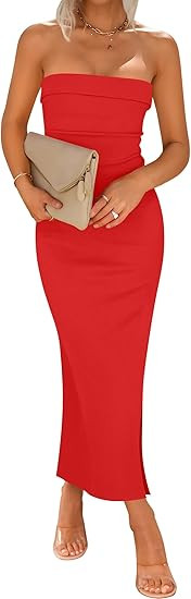ZESICA Women's Summer Strapless Bodycon Midi Dress 2024 Off Shoulder Strapless Side Slit Tube Lon... | Amazon (US)