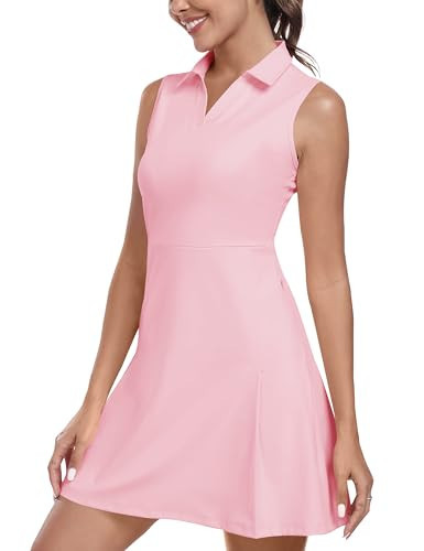 MoFiz Women's Pink Tennis Dress - Sleeveless, Midi, V-Neck, Pleated Back, Adult Women (Athletic), Small | Amazon (US)