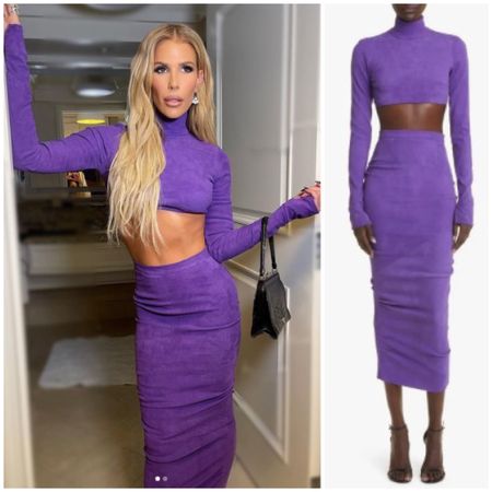 Tracy Tutor’s Purple Suede Crop Top and Ruched Skirt Set at Bravocon 📸 = @tracytutor