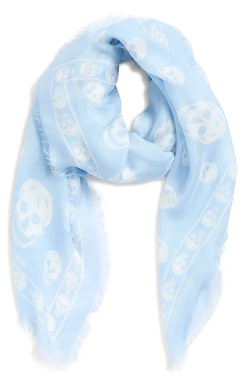 McQueen Skull Print Silk Scarf in Ice Blue/White at Nordstrom | Nordstrom