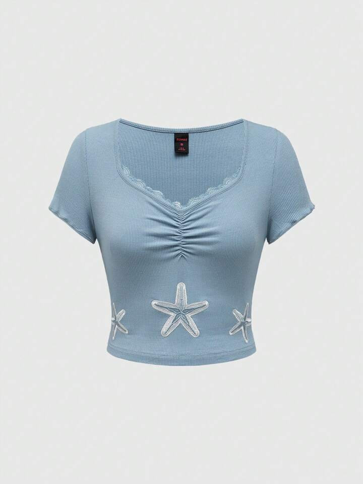 ROMWE Fairycore Starfish Embroidery Patchwork Lace Chest Ruffle Short Sleeves Slim Fit Casual T-S... | SHEIN