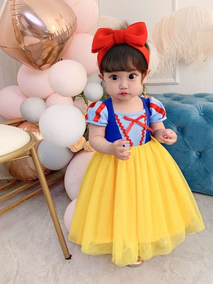 Vestido de princesa de malla precioso con mangas abullonadas y bloques de color para bebé niña,... | SHEIN