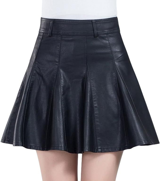 chouyatou Women's Casual Side Zipper Flare Pleated Faux Leather Skater Skirts | Amazon (US)