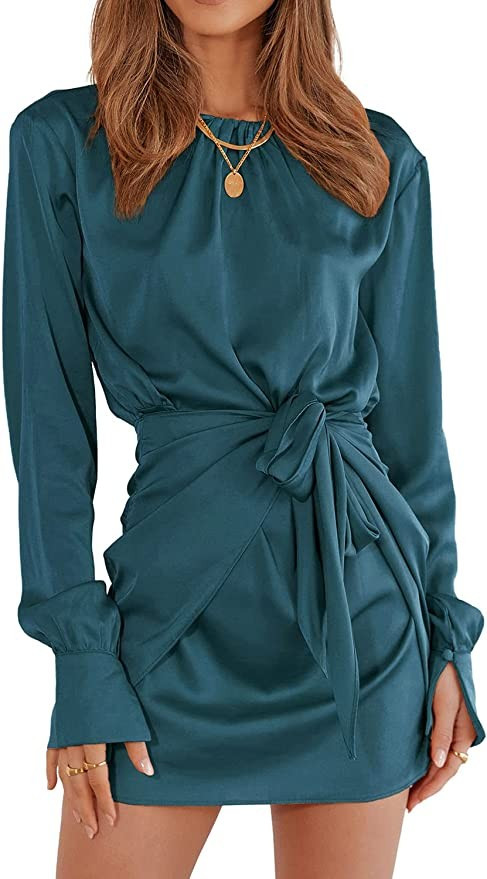 Amazon.com: PRETTYGARDEN Women's Satin Dress Long Sleeve Crewneck Elastic Tie Waist Elegant Cockt... | Amazon (US)