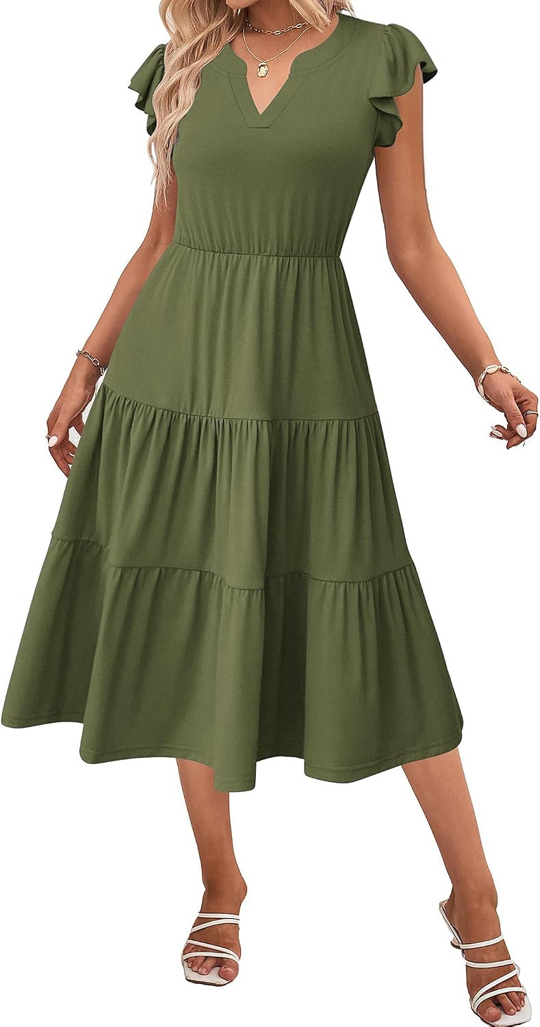 ZEAGOO Womens Summer Casual Dresses Ruffle Sleeve V Neck Midi Dress Flowy Tiered Dress with Pockets Boho Sundresses | Amazon (US)