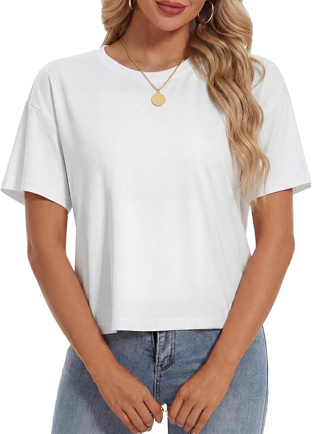YUCOLEN Women's Crop Tops Summer Short Sleeve Cotton UPF 50+ Round Neck Casual Loose Cropped T-Sh... | Amazon (US)