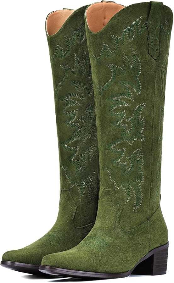 IUV Cowboy Boots For Women Knee High Western Cowgirl Boots Snip Toe Side Zipper Chunky Heel | Amazon (US)