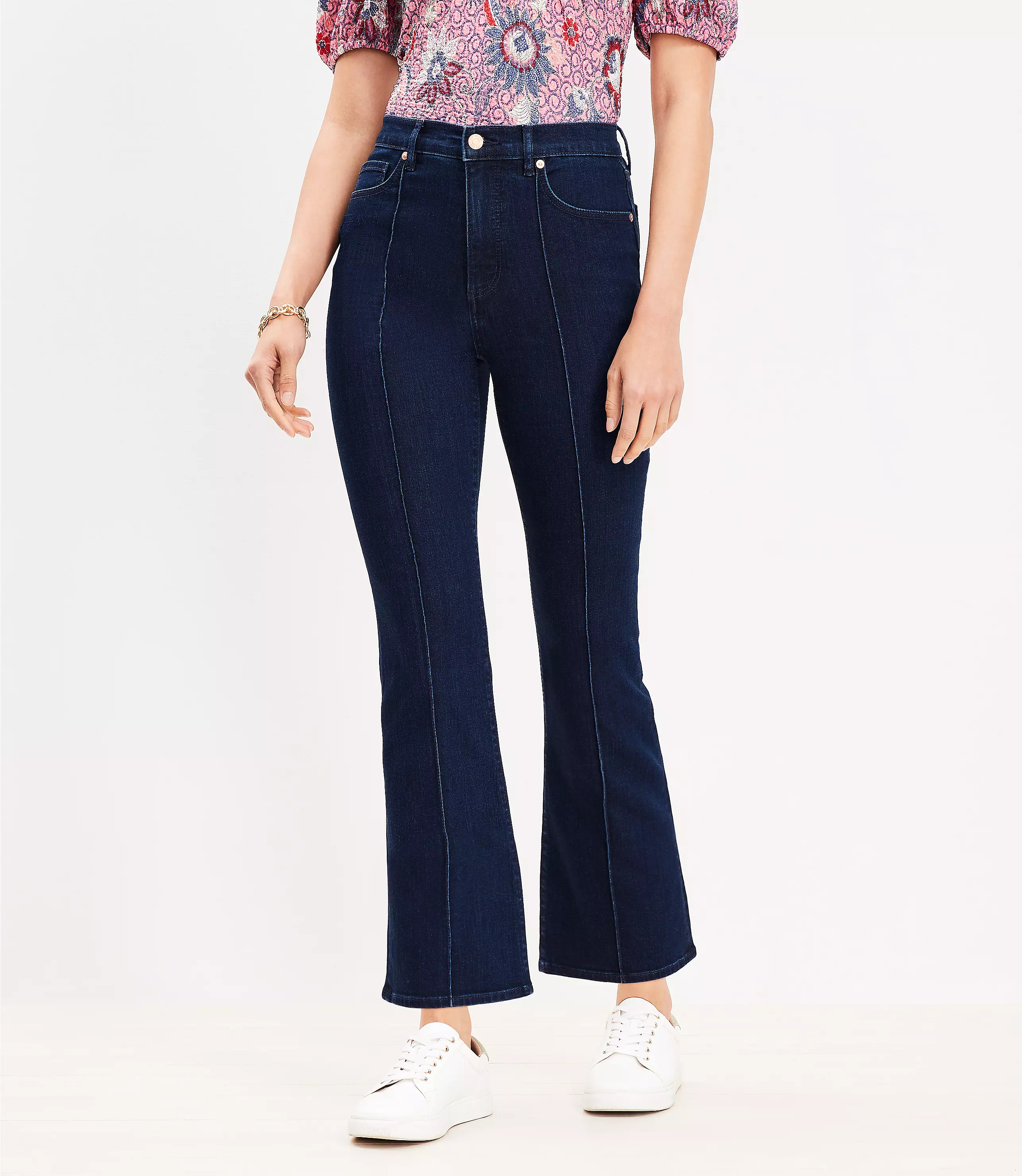 Pintucked High Rise Kick Crop Jeans in Classic Rinse Wash | LOFT