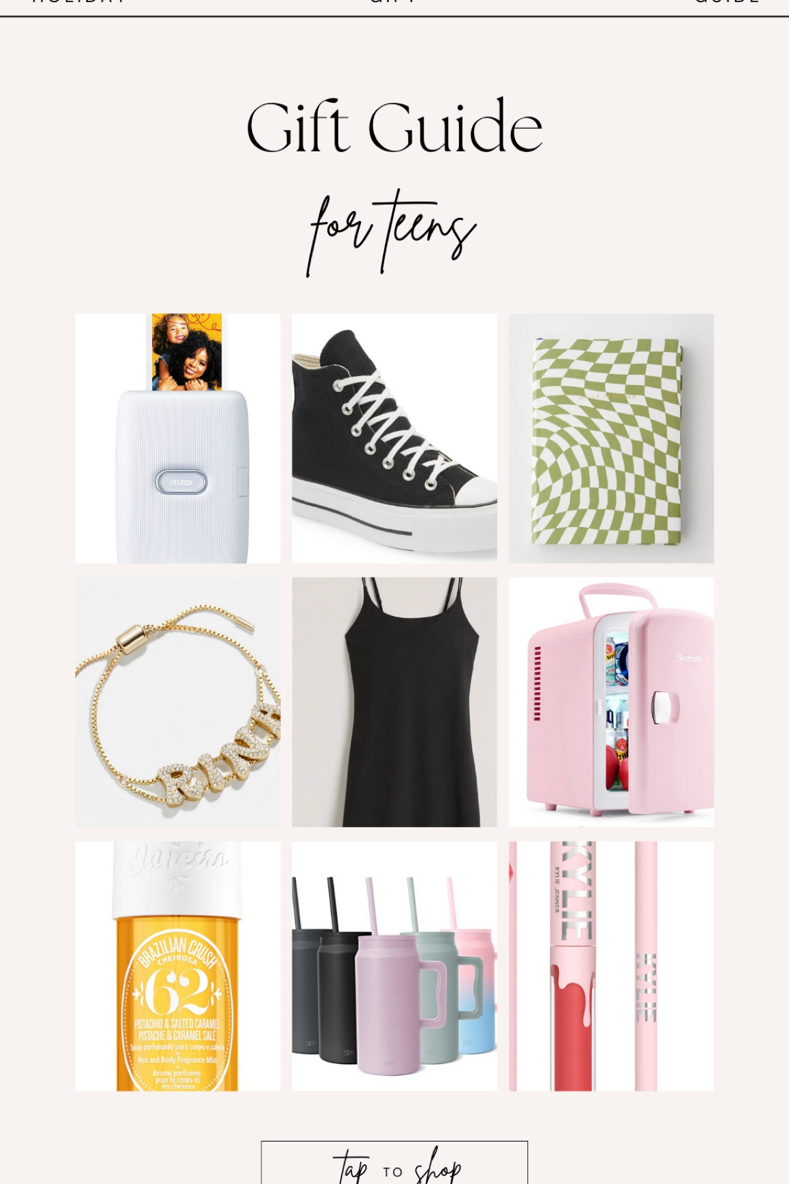 Gift guide for teens, sprocket, converse, checkered planner, Baublebar bracelet, athletic dress, skincare fridge, sol de janeiro spray, cups, Kylie lip kit 

#LTKHoliday #LTKSeasonal #LTKGiftGuide