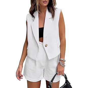 KIRUNDO Womens Summer Two Piece Sets Button Sleeveless Crop Vest Blazer and High Waisted Shorts S... | Amazon (US)