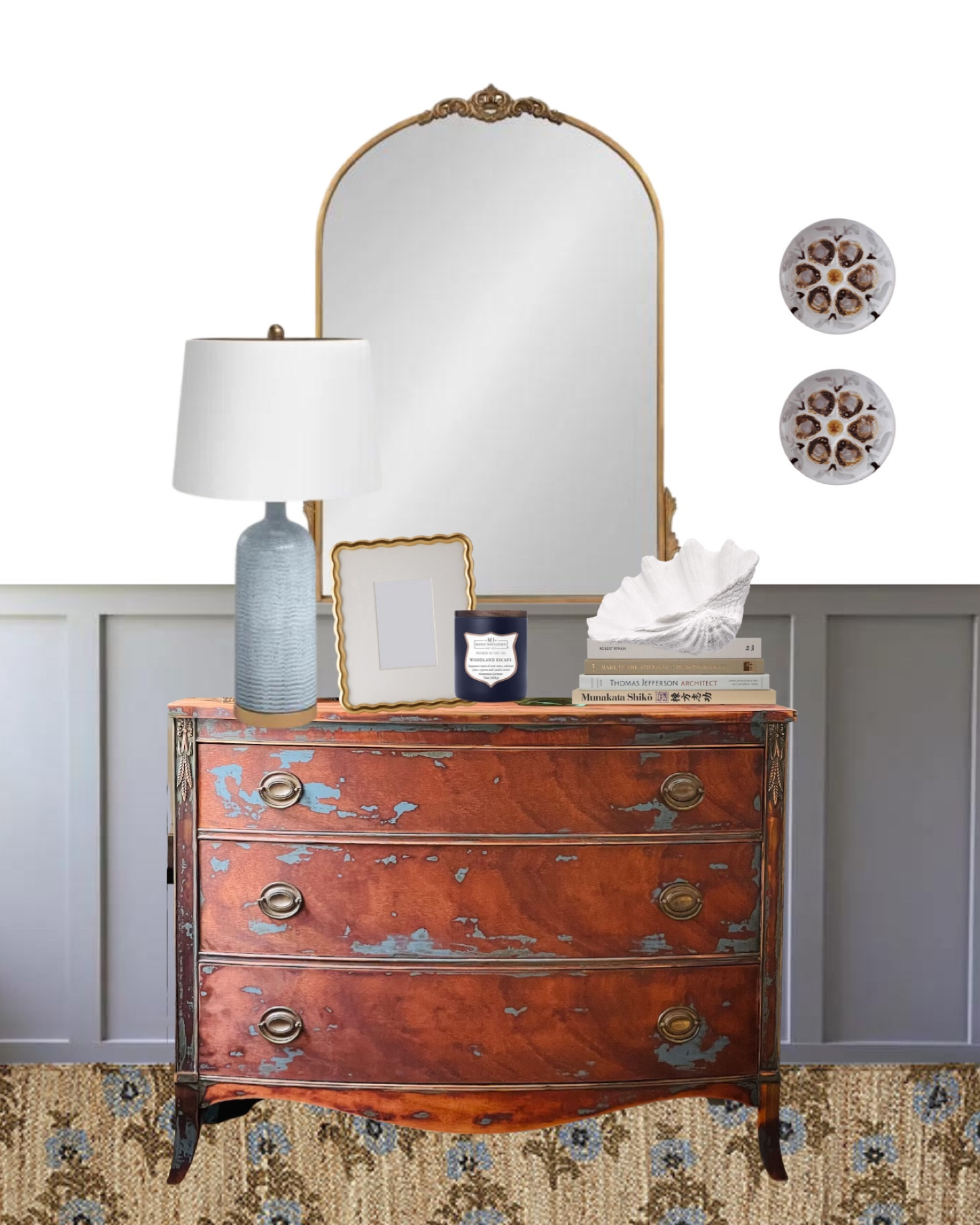Entryway console design, antique wood dresser, Anthropologie mirror look for less, cornflower blossom jute rug on sale, vintage oyster plates, coastal grandma decor style