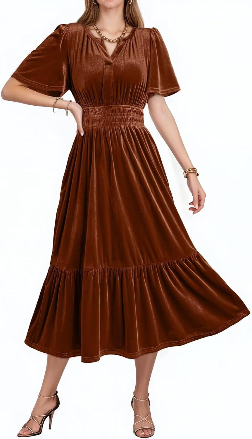 Dokotoo Women's V Neck Short Flared Sleeve Wedding Guest Dress Elastic Waist Tiered Ruffle Hem Velvet Dress | Amazon (US)