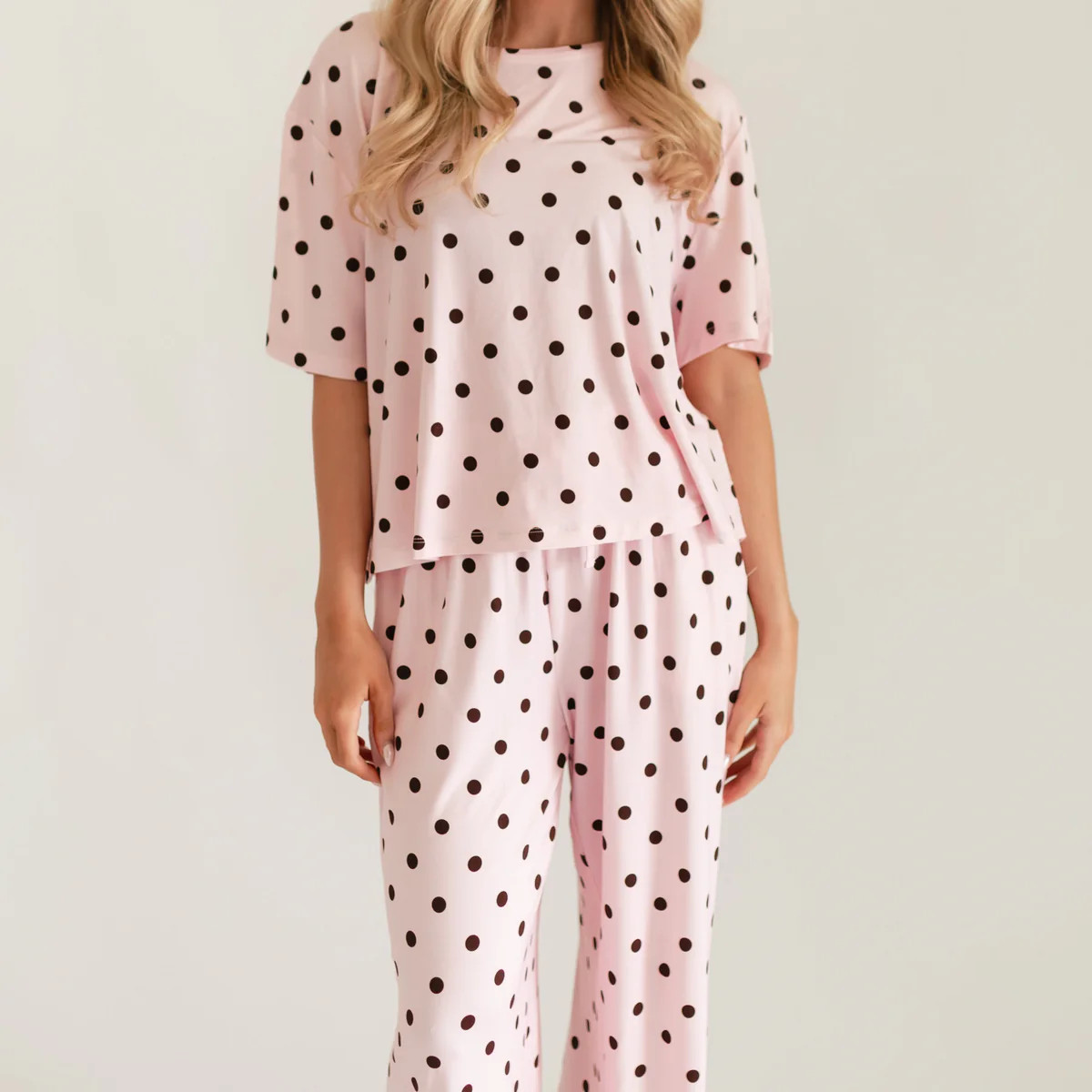 Women's T-Shirt and Pants Set in Pink & Brown Polka Dot | Silks Design