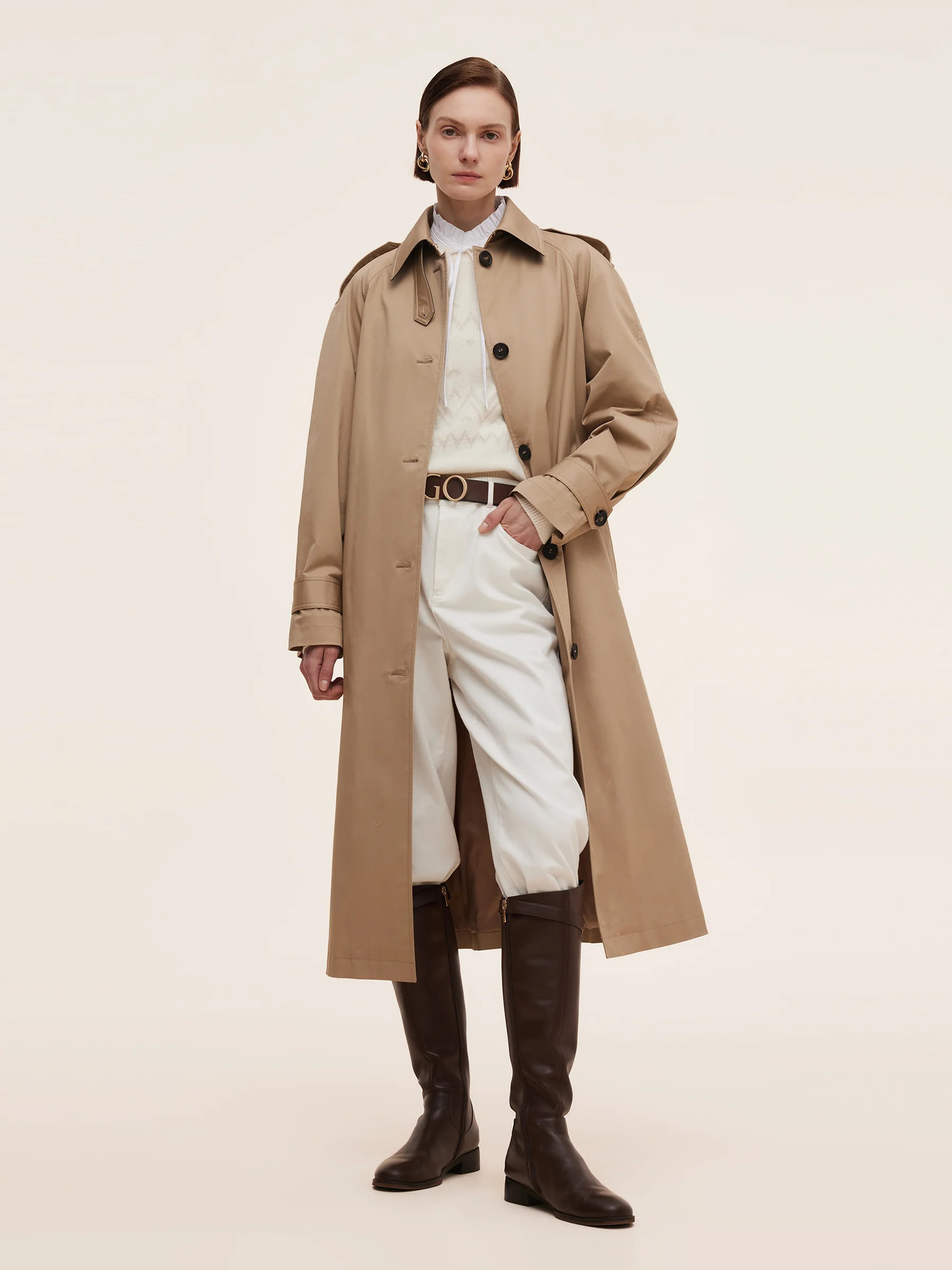Cotton Self-Tie Belt Women Long Trench Coat | GOELIA