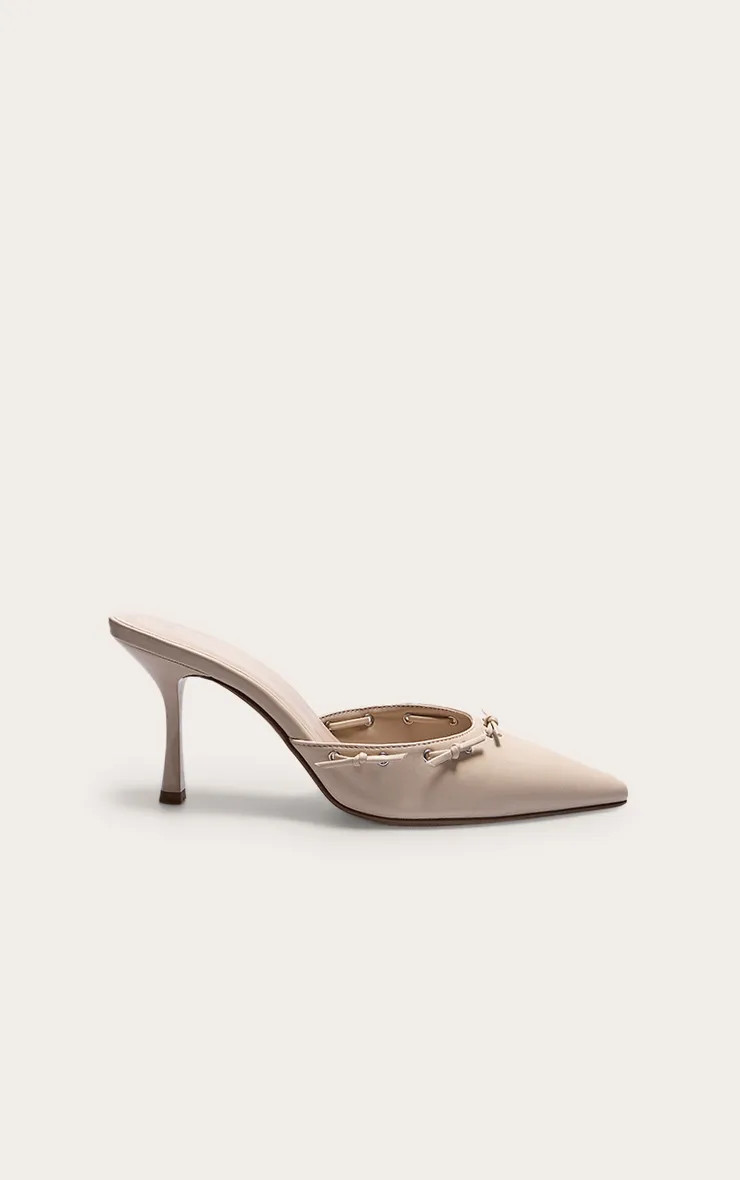 Cream Pu Point Toe Bow Mid Stiletto Heeled Court Mules | PrettyLittleThing | PrettyLittleThing UK