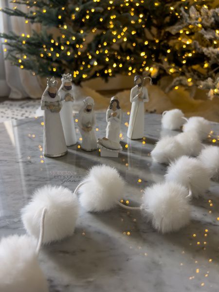Nativity set Christmas at Modern Farmhouse Glam. Christmas tree. Faux fur pom pom garland. Target. Marble coffee table 

#LTKHoliday #LTKhome #LTKSeasonal