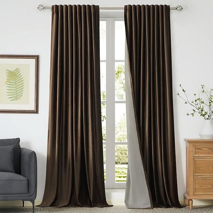 PRIMROSE 100% Full Blackout Brown Velvet Curtains 84 inch Long for Living Room,Set of 2 Liner Rod... | Amazon (US)