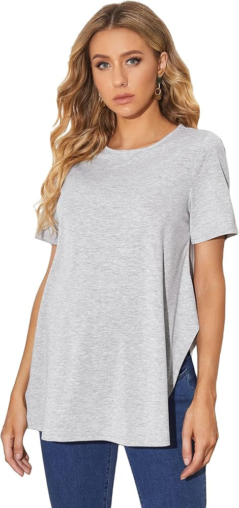 OYOANGLE Women's Maternity Shirts Split Hem Short Sleeve Loose Tunic Tops Tee Casual Pregnancy Cloth | Amazon (US)
