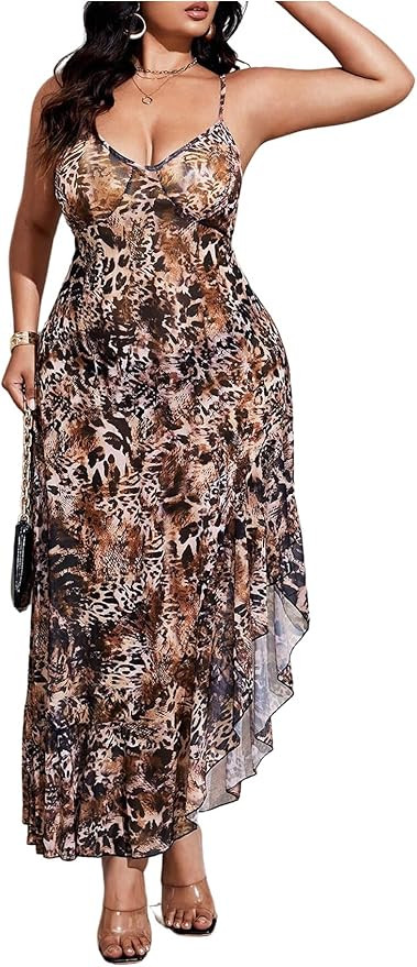 Floerns Women's Plus Size Cheetah Maxi Dress V Neck Criss Cross Going Out Long Dresses | Amazon (US)