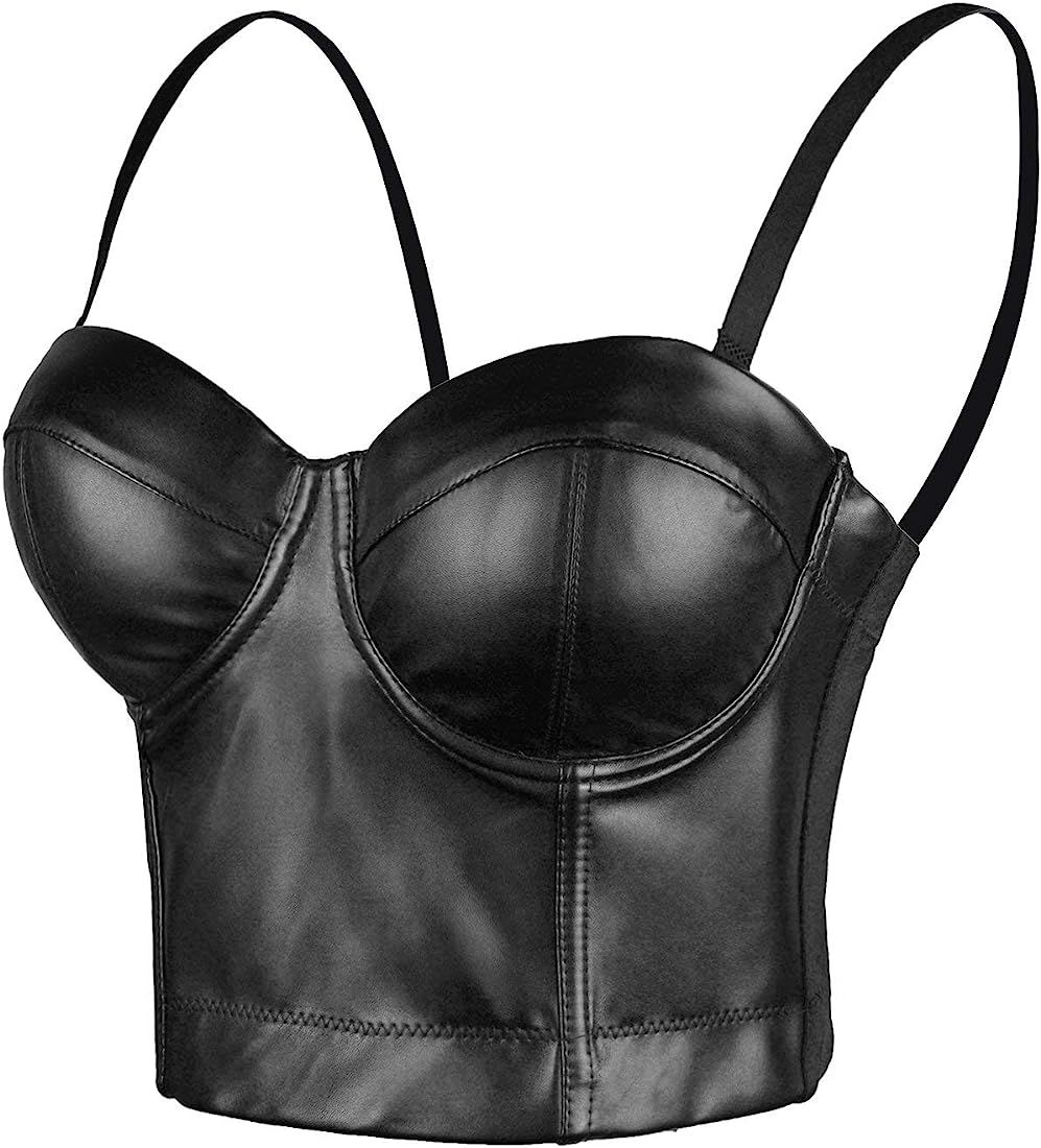 ELLACCI PU Leather Bustier Crop Top Gothic Punk Push Up Women's Corset Top Bra Black | Amazon (US)