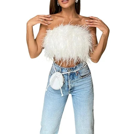Women Artificial Fur Feather Vest Sleeveless Solid Color Strapless Fluffy Backless Slim Fit Tube Top | Walmart (US)