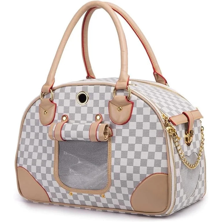 Checkered Pet Carrier Purse in Faux Leather for Small Dogs and Cats, Breathable Travel Tote Grey | Walmart (US)