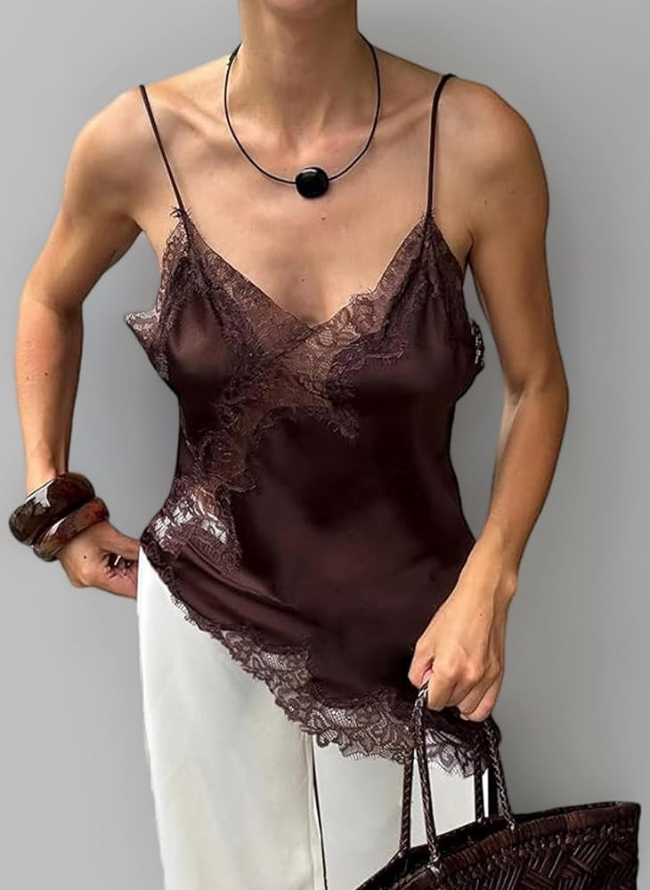 Women Satin Lace Camisole Top Spaghetti Strap Side Split Asymmetrical Lace Trim Cami Top Flowy Si... | Amazon (UK)
