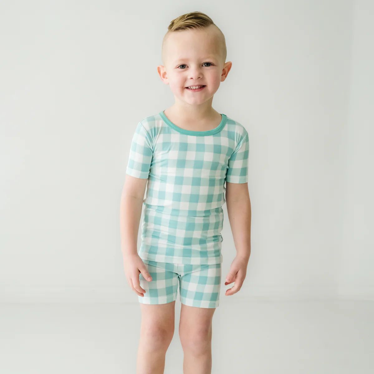 Aqua Gingham Two-Piece Short Sleeve & Shorts Pajama Set | Little Sleepies