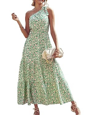 PRETTYGARDEN Women's Summer Floral Maxi Dress Knot One Shoulder Sleeveless Ruffle Flowy Boho Beac... | Amazon (US)