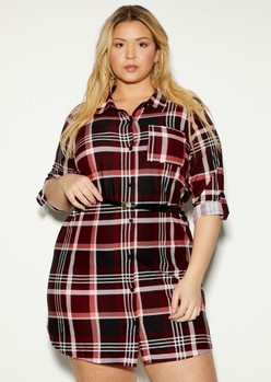 Plus Dark Purple Plaid Belted Button Down Dress | rue21