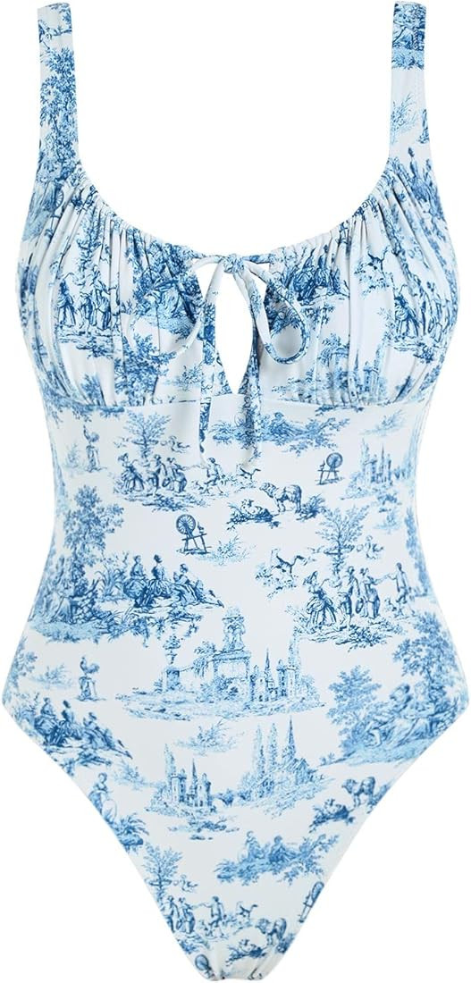 ZAFUL Women's Toile Tie Swimsuit Ribbed U Neck Ruched Keyhole One-Piece Tankini Bathing Suit | Amazon (US)