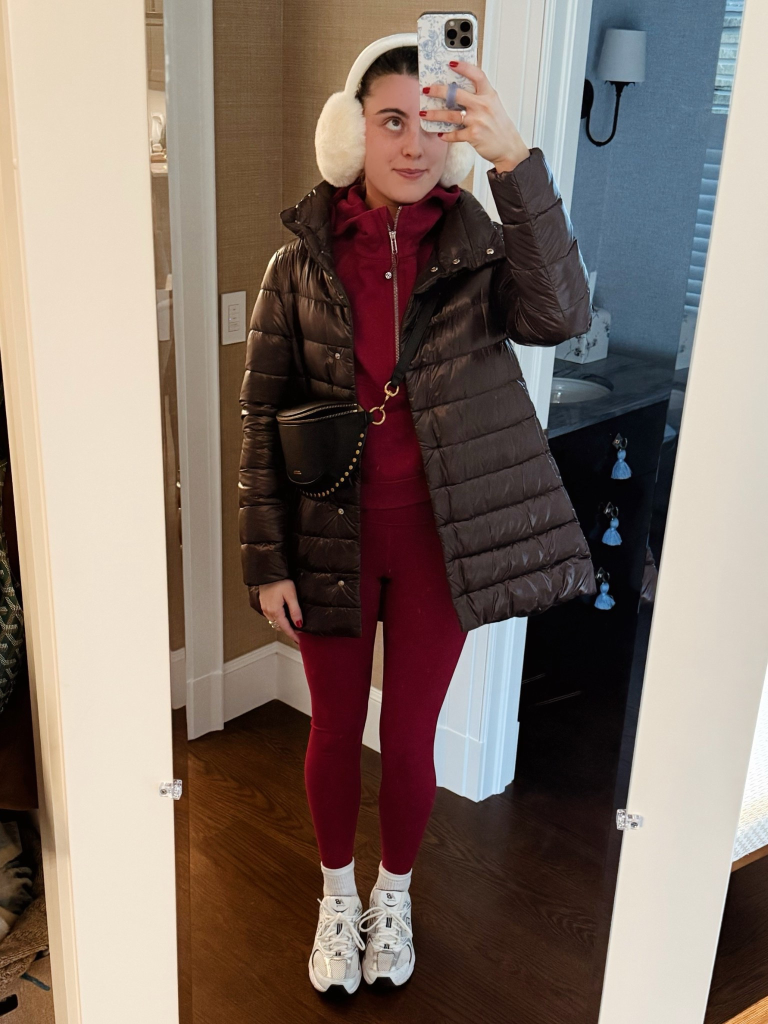 Lots of questions on my sister’s cute look! Her set is Lulu lemon and linking her fanny pack, coat and shoes! 