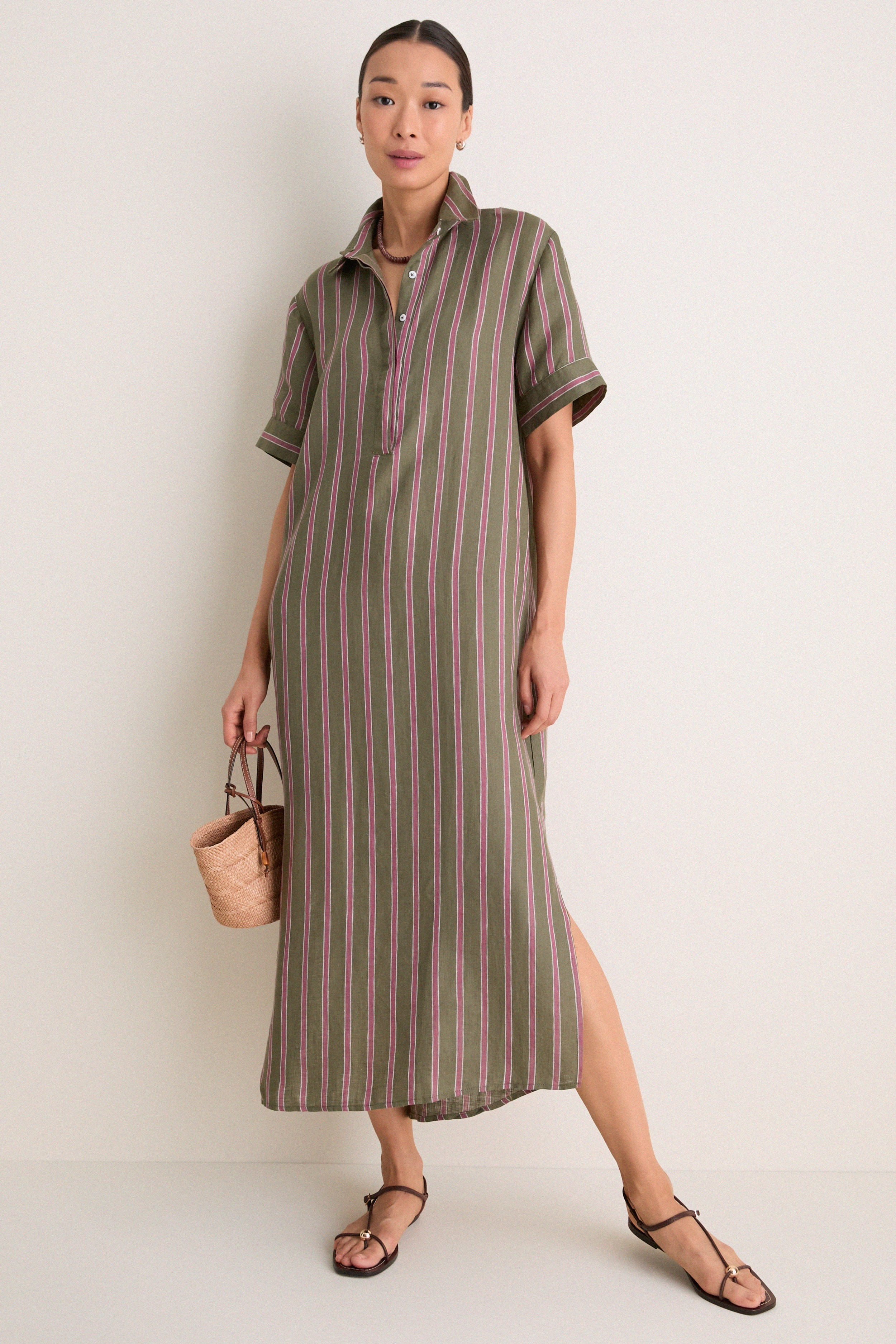 Olive and Raspberry Stripe Linen Milano Shirt Dress | Tuckernuck (US)