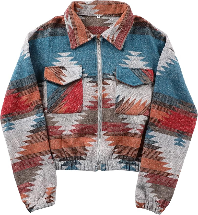 Tanming Womens Cropped Plaid Shacket Aztec Jacket Zip Up Fall Flannel Shirt with Pockets | Amazon (US)