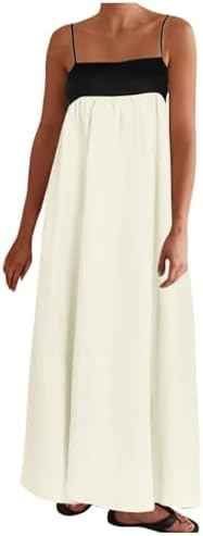 Womens Linen Maxi Dress Contrast Trim Spaghetti Straps Summer Outfits Sleeveless Long Dresses Wom... | Amazon (US)